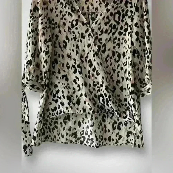 LEOPARD Print WRAP Front BLOUSE With Tie Sleeves High Low Black White Small - Picture 4 of 8